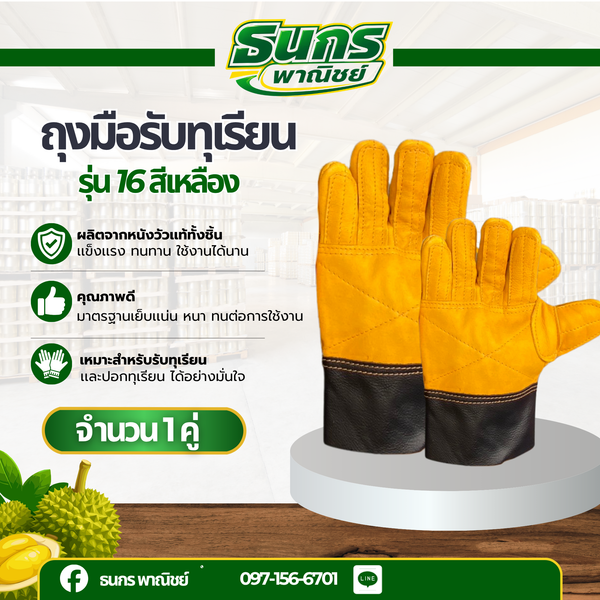 ถุงมือหนังรับทุเรียน รุ่น 16 สีเหลือง ใช้สวมใส่เพื่อรับลูกทุเรียน เทียบทุเรียน คัดทุเรียน ผลิตจากหนังแท้ทั้งชิ้น ฟอกใหม่
